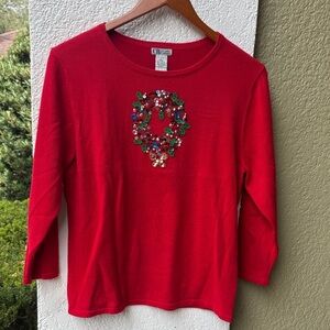 Vintage Red CB Studio Sequin Beaded Christmas Wreath Top